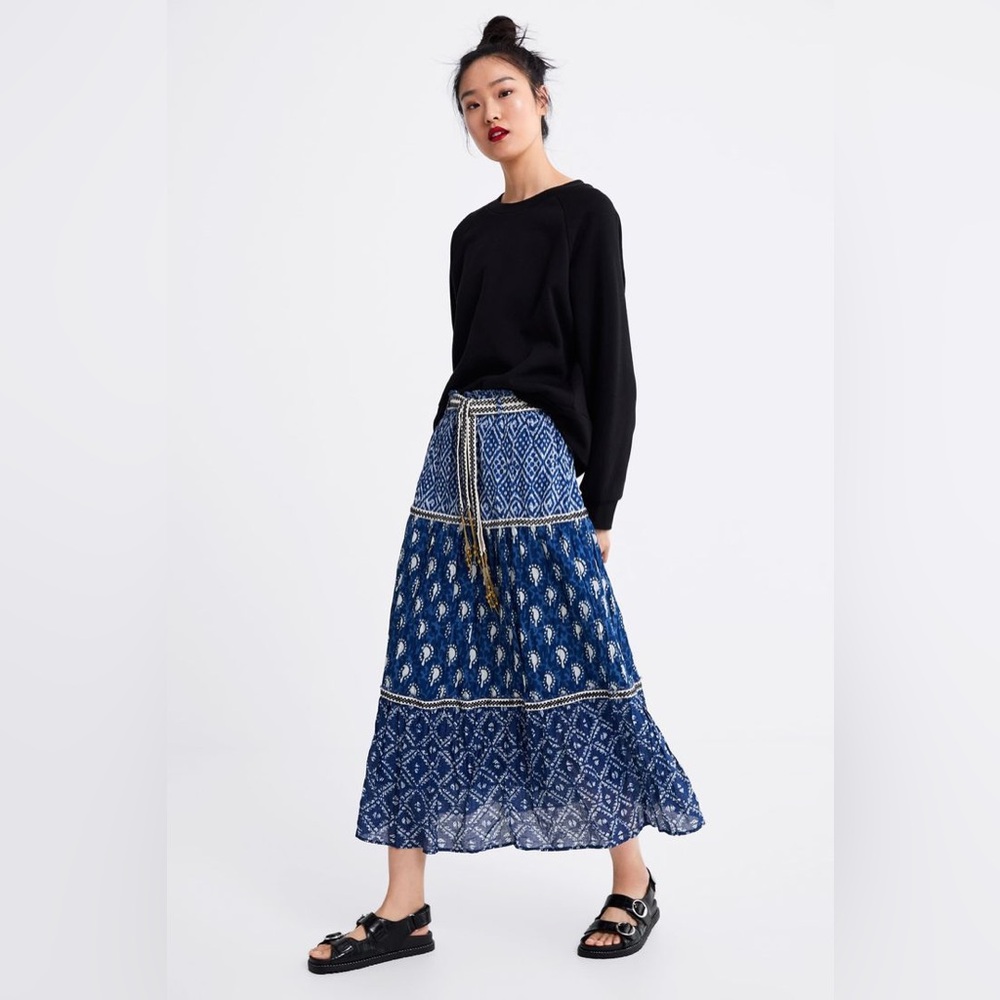 NWT ZARA Blue Bohemian Long Gypsy Belted Skirt